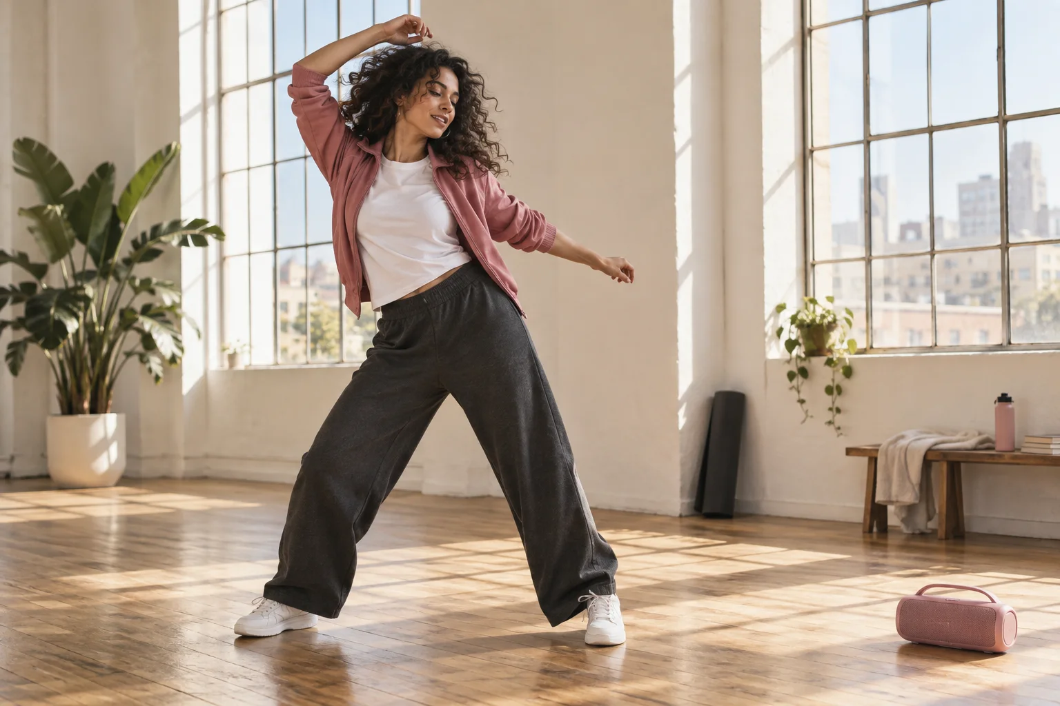 Concept illustration of an adult dancing in a bright studio